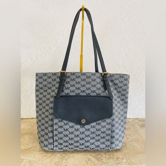 Michael Kors logo grossgrain denim blue shoulder bag  tote - Picture 1 of 10